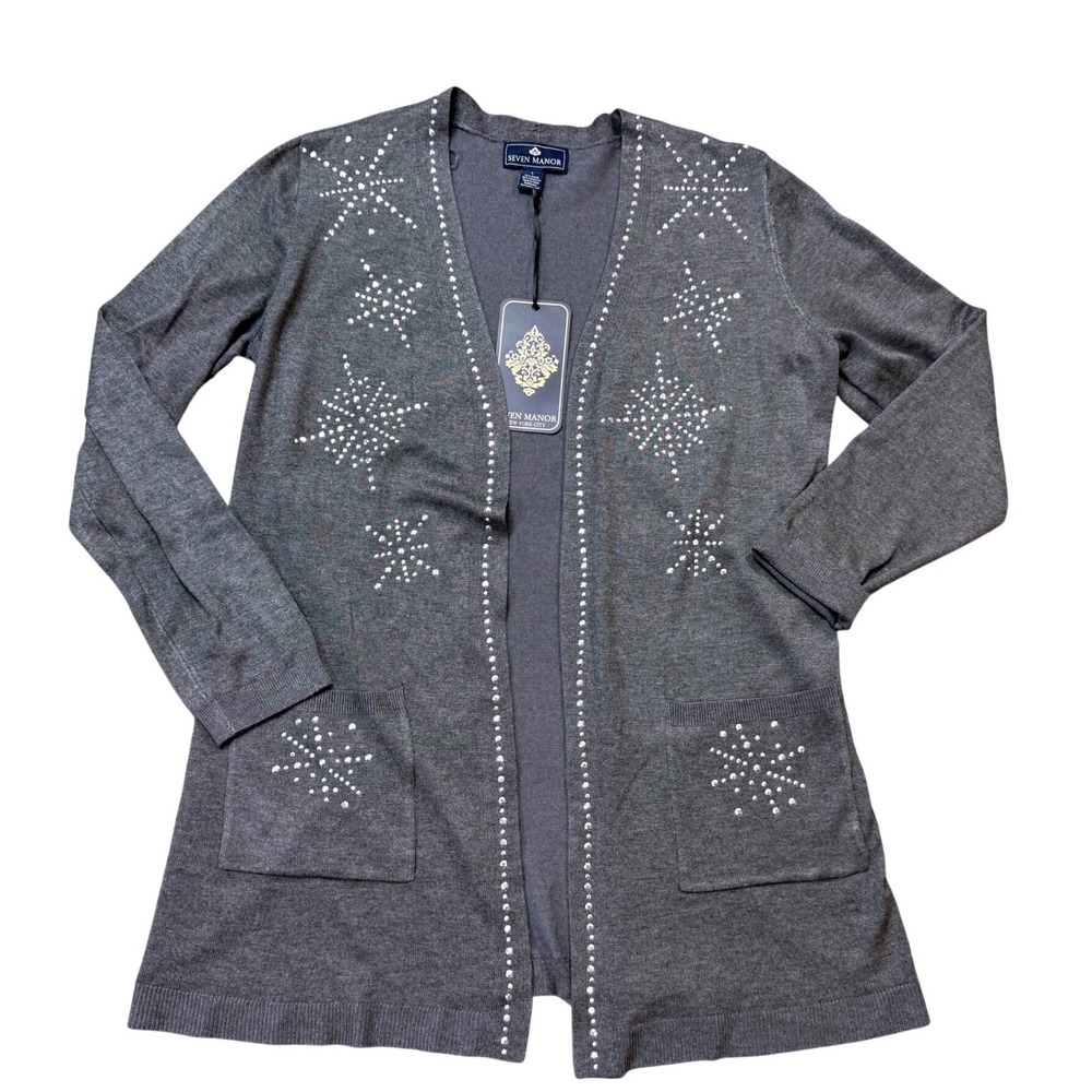 Seven Manor Cardigan Womens Large Grey New Comet Embellished Open Front Sweater